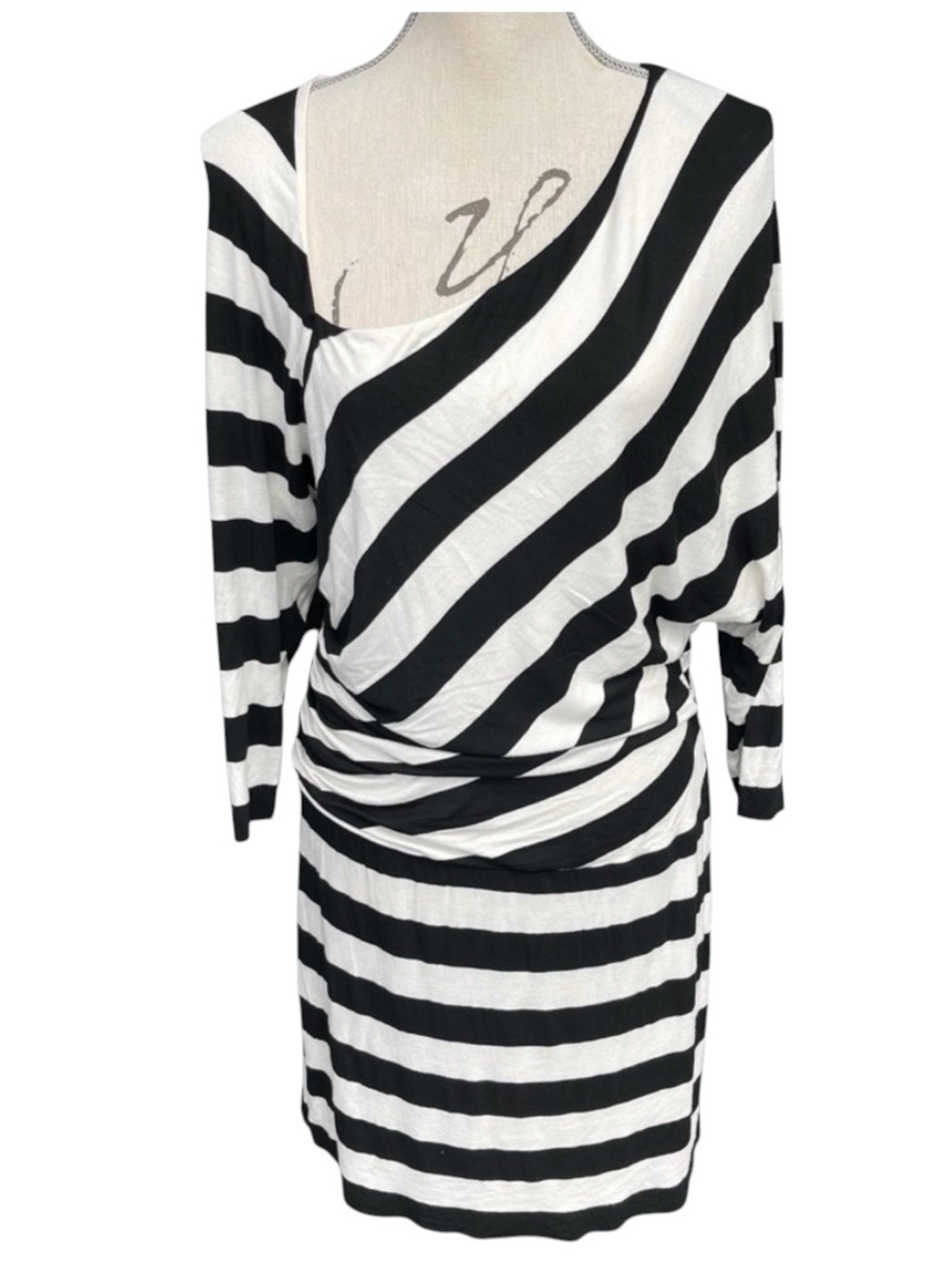 Bailey 44 Black/White Asymmetric Stripe Long Sleeve Raw Hem Jersey Dress (L)